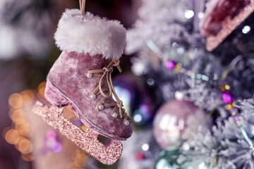 Ice skate Christmas tree decoration, original pink festive bauble
