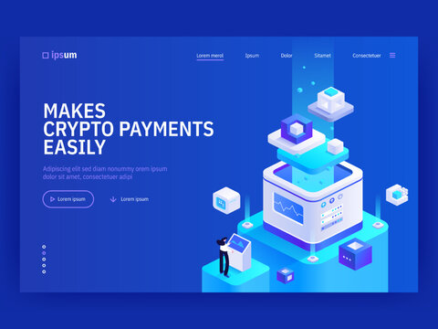 Makes Crypto Payments Easily Isometric Vector Image On Blue Background. Fast And Safe Financial Operations. Business Tech Features. Web Banner With Space For Text. Composition With 3d Components