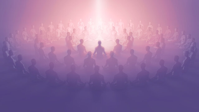 3d illustration of a group of meditating people into the light