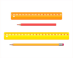 Pencils and rulers isolated on white background. Collection of stationery. For educational, business concepts. Realistic illustration with school supplies.