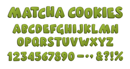 Cartoon cookie font with green matcha cookie letters