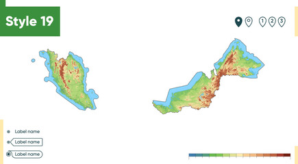 Malaysia - high detailed physical map. Vector map. Dem map.