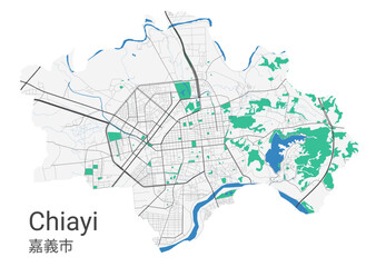 Chiayi vector map. Detailed map of Chiayi city administrative area. Cityscape panorama illustration. Road map with highways, streets, rivers.
