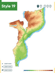 Mozambique - high detailed physical map. Vector map. Dem map.