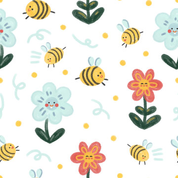 Cute Scandinavian watercolor vector pattern with cartoon flowers and bees on a white background. Delicate spring print for babies, newborns, textiles, decor, postcards, wrappers, interior