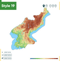 North Korea - high detailed physical map. Vector map. Dem map.
