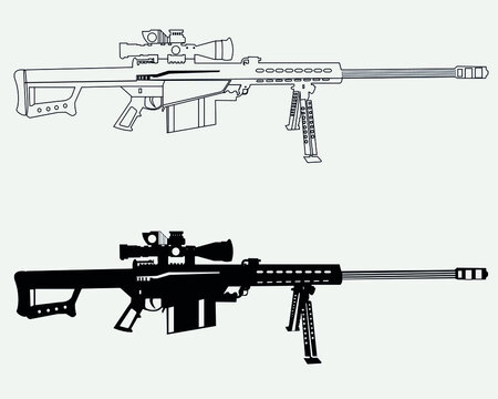 M82A1 Barrett anti-material sniper rifle, Coloring page, and colorful clipart character. gun design for t-shirt print, icon, logo, label, patch, or sticker. Vector illustration.