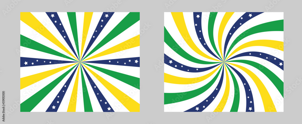 Poster Solar explosion Sun Burst Effect. Vector pattern with burst set of 2 sun rays backgrounds in colors of Brazil flag - blue, green, yellow. Background set for Brazil Independence Day 