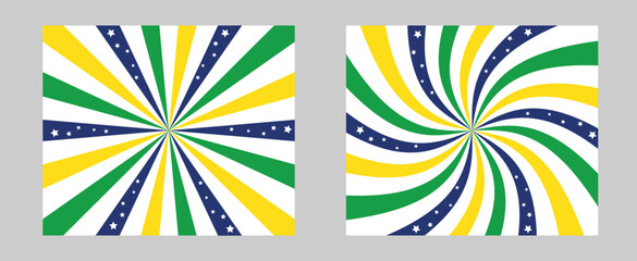 Solar explosion Sun Burst Effect. Vector pattern with burst set of 2 sun rays backgrounds in colors of Brazil flag - blue, green, yellow. Background set for Brazil Independence Day 