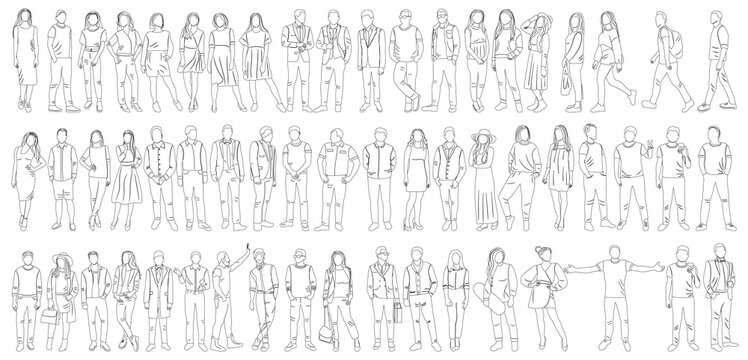 set of people sketch on white background outline isolated, vector