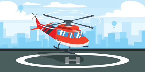 Vector illustration of a beautiful helipad. Cartoon urban buildings with landing helicopters and city in the background. - obrazy, fototapety, plakaty