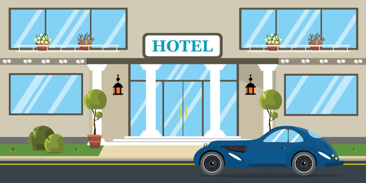 Vector illustration of a beautiful hotel. Cartoon urban buildings with parked expensive cars, decorated with flower pots.