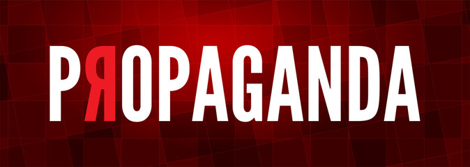 Propaganda typographic design. White and red letters over dark red gradient background.