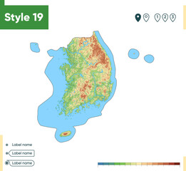 South Korea - high detailed physical map. Vector map. Dem map.