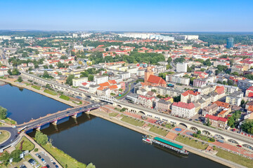 Aerial view of Gorzów Wielkopolski town city at river Warta in Poland