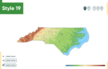 North Carolina, USA - high detailed physical map. Vector map. Dem map.