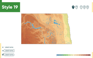 North Dakota, USA - high detailed physical map. Vector map. Dem map.