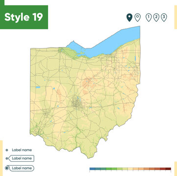 Ohio, USA - high detailed physical map. Vector map. Dem map.