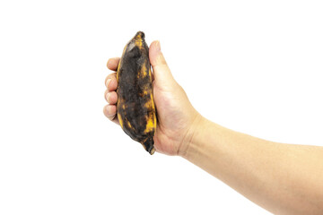 A hand holding an aging banana