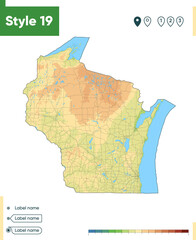 Wisconsin, USA - high detailed physical map. Vector map. Dem map.