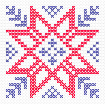 Scandinavian ornament, red blue snowflake, cross stitch flower, needlework