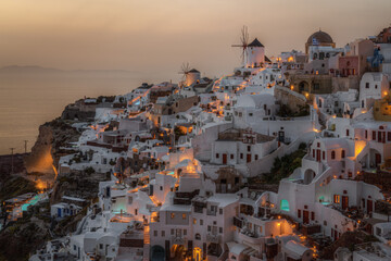 Amazing sunset at Oia, the most typical village of Santorini, Greece