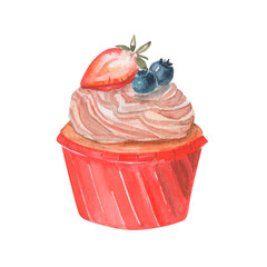 Illustration of vanilla muffin with cream and berries. Food watercolor art of fresh cake with strawberry and blueberry in red paper pack. 