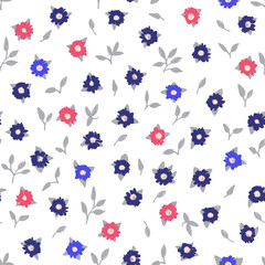 Flowers seamless pattern. Spring cute background. Simple vector flowes and leafs