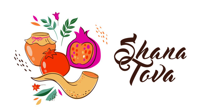 Rosh Hashanah design template with hand drawn apples, pomegranate, honey and Shofar horn. Shana Tova Lettering. Translation from Hebrew - Happy and Sweet New Year 