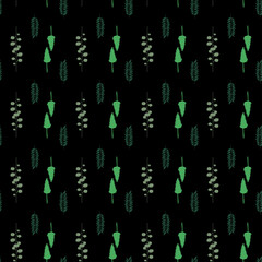 Seamless decorative vector background. Decorative black texture with green herbal elements. 