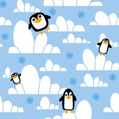 Winter cartoon seamless penguin pattern for wrapping Christmas paper and clothes print and kids