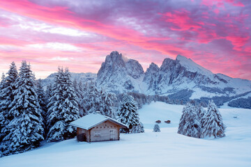 Picturesque landscape with small wooden log cabin on meadow Alpe di Siusi on sunrise time. Seiser Alm, Dolomites, Italy. Snowy hills with orange larch and Sassolungo and Langkofel mountains group - obrazy, fototapety, plakaty