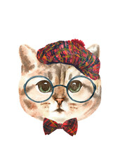 Watercolor hand-painted cat british shorthair breed illustration.Cat in costume, hat,red beret,glasses, bow tie.Cute hipster, animal head, face portrait, cute baby cat isolated for baby shower card