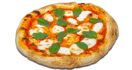 Traditional Italian Margherita pizza with mozzarella and basil isolated on white background
