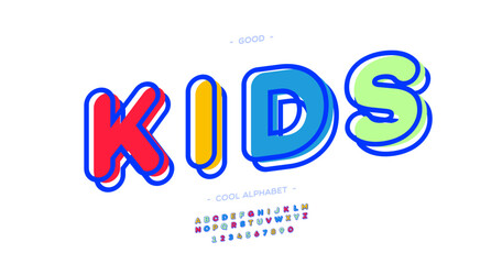 Vector kids font 3d bold colorful style modern typography for poster, decoration, promotion, book, t shirt, sale banner, printing on fabric. Cool alphabet. Trendy typeface. 10 eps