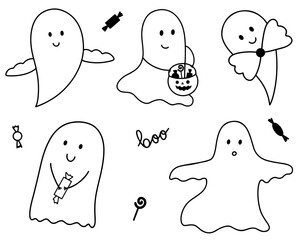 A set of cute hand-drawn outline ghosts with different elements. Doodle style
