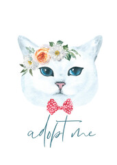Watercolor hand-painted cat british shorthair breed illustration.Cat in costume,flower wreath,hat, happy birthday. Cute hipster, animal head, face portrait, cute baby cat isolated for baby shower card