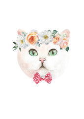 Watercolor hand-painted cat british shorthair breed illustration.Cat in costume,flower wreath,hat, happy birthday. Cute hipster, animal head, face portrait, cute baby cat isolated for baby shower card