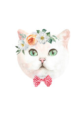 Watercolor hand-painted cat british shorthair breed illustration.Cat in costume,flower wreath,hat, happy birthday. Cute hipster, animal head, face portrait, cute baby cat isolated for baby shower card