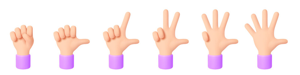 Set of 3d Cartoon Character Hand. Сounting on Fingers. Hand shows signs of various counting gestures. Icon for Applications, Web, T-shirts, Advertising, Posters isolated on white. Vector illustration