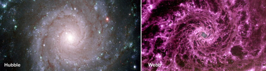 Hubble and Webb space telescopes photos comparisons visual gains. M74, NGC 628, constellation...