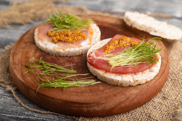 Puffed rice cake sandwiches with jerky salted meat, carrot microgreen on gray, side view, selective...