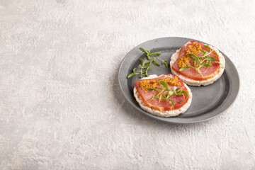 Puffed rice cake sandwiches with jerky salted meat, microgreen on gray concrete, side view, copy space.