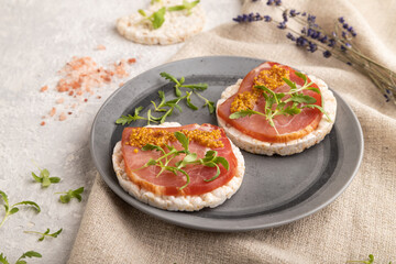 Puffed rice cake sandwiches with jerky salted meat, microgreen on gray concrete, side view, close up.
