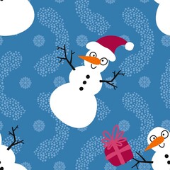 Winter seamless snowman and snowflakes pattern for Christmas wrapping paper and kids notebooks