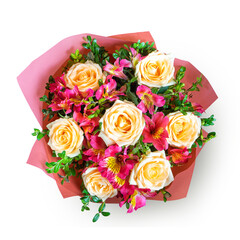 Bouquet of beautiful roses and alstroemeria isolate on white background. Fresh, lush bouquet of colorful flowers for wedding, valenitnes day, mother day. Floral shop concept, top view, flat lay
