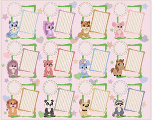 Frame set for baby first year calendar, 12 different cartoon animals, frames, hearts, stars. Vector illustration