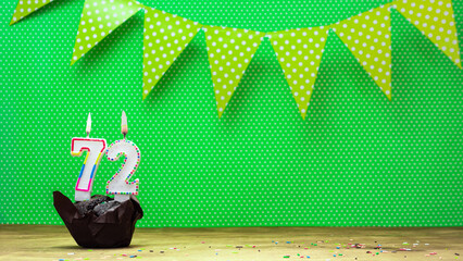 happy birthday with decorations festive garlands with muffin on a green background with polka dots....