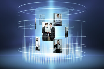 Abstract digital cylinder picture hologram on blue background. Computer, innovation and media.