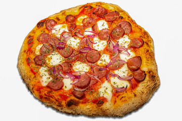 Traditional isolated calabresa italian pizza on the white background